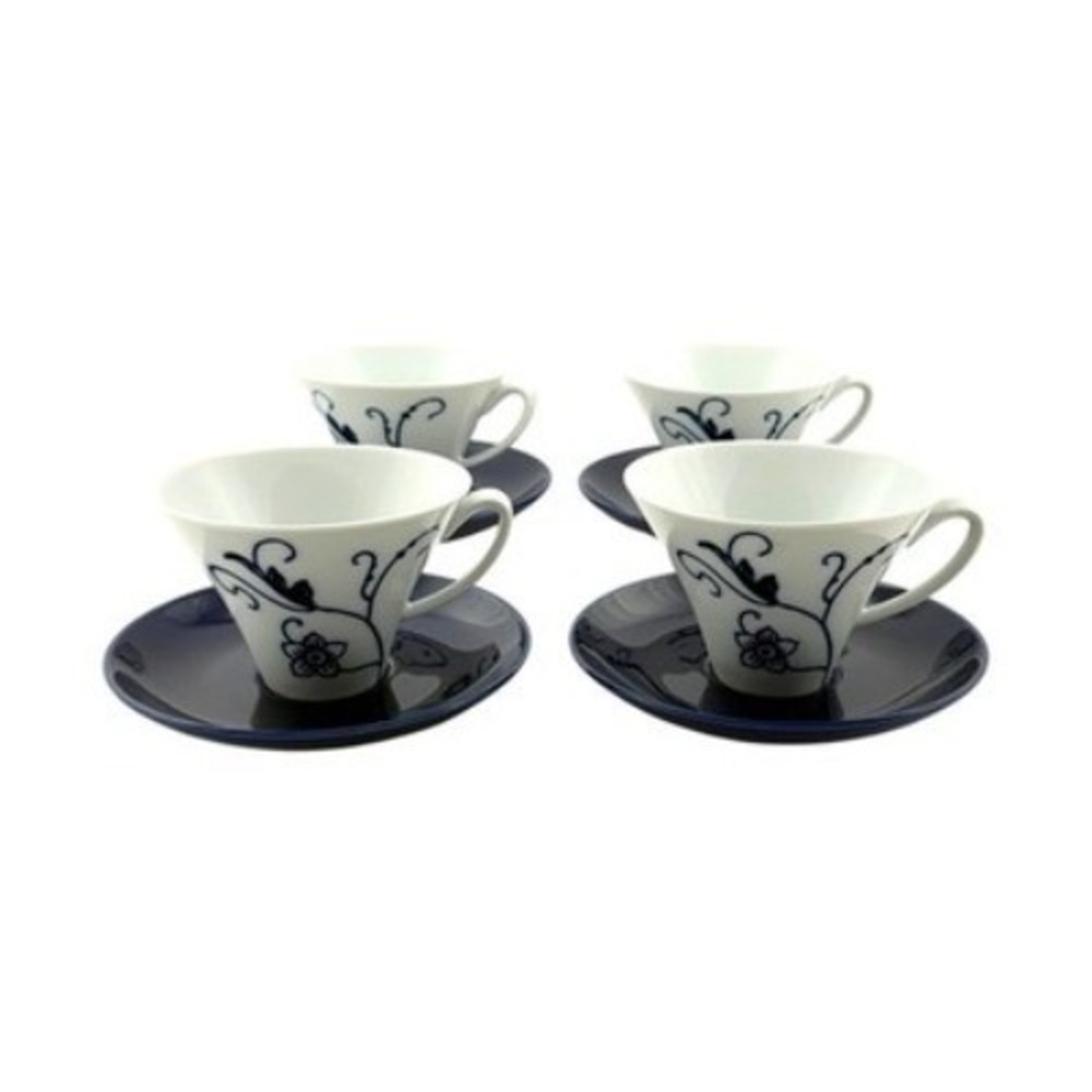 Crate and Barrel Camille Cup & Saucer (4) SPAL Porcelain Blue and White Portugal